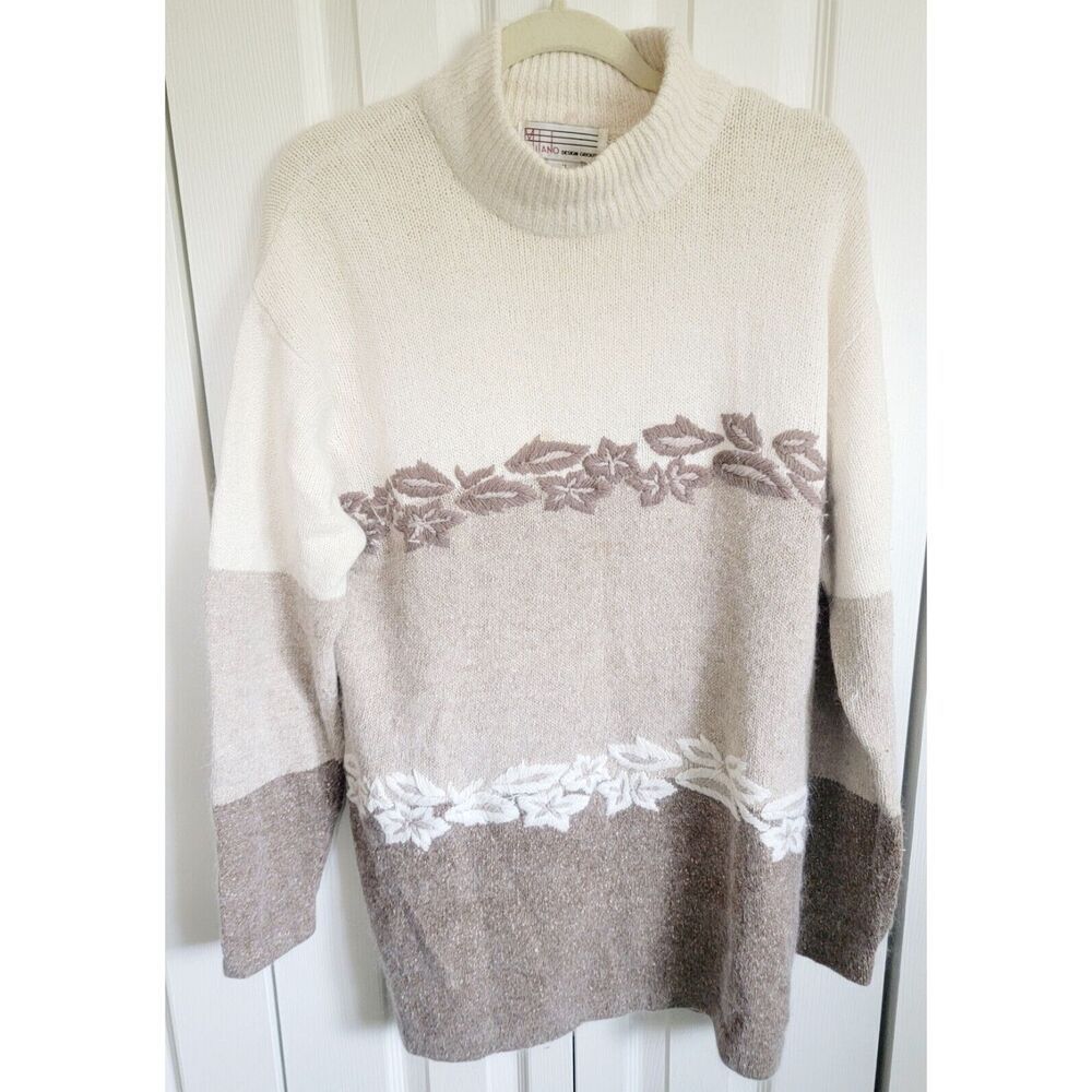 Milano Design Group‎ M Vtg Knitted Fall Leaves Womens Sweater Silk Angora Wool